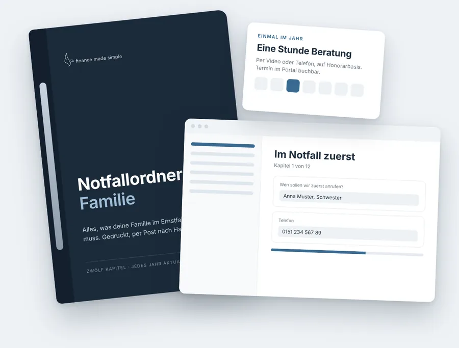 Gedruckter Notfallordner, das Portal und eine Karte für die Stunde Beratung im Jahr.