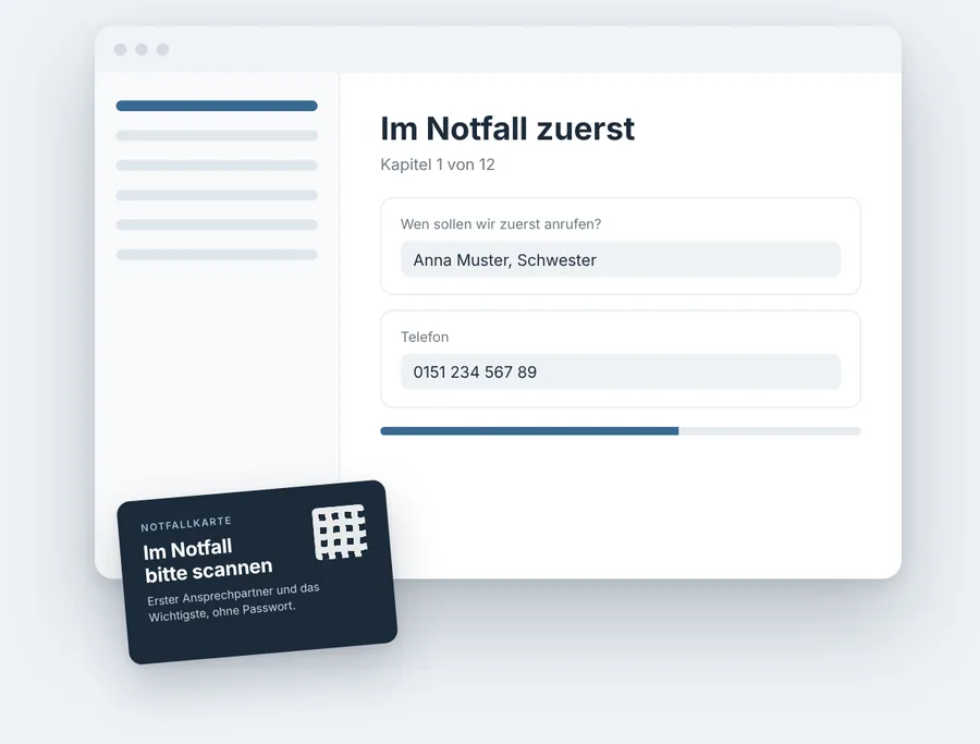 Portal mit dem Kapitel „Im Notfall zuerst“ und die Notfallkarte mit QR-Code.