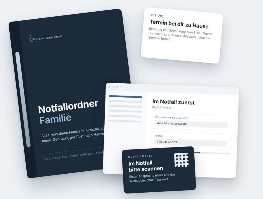 Gedruckter Notfallordner, Portal, Notfallkarte und eine Karte für den Termin bei dir zu Hause.